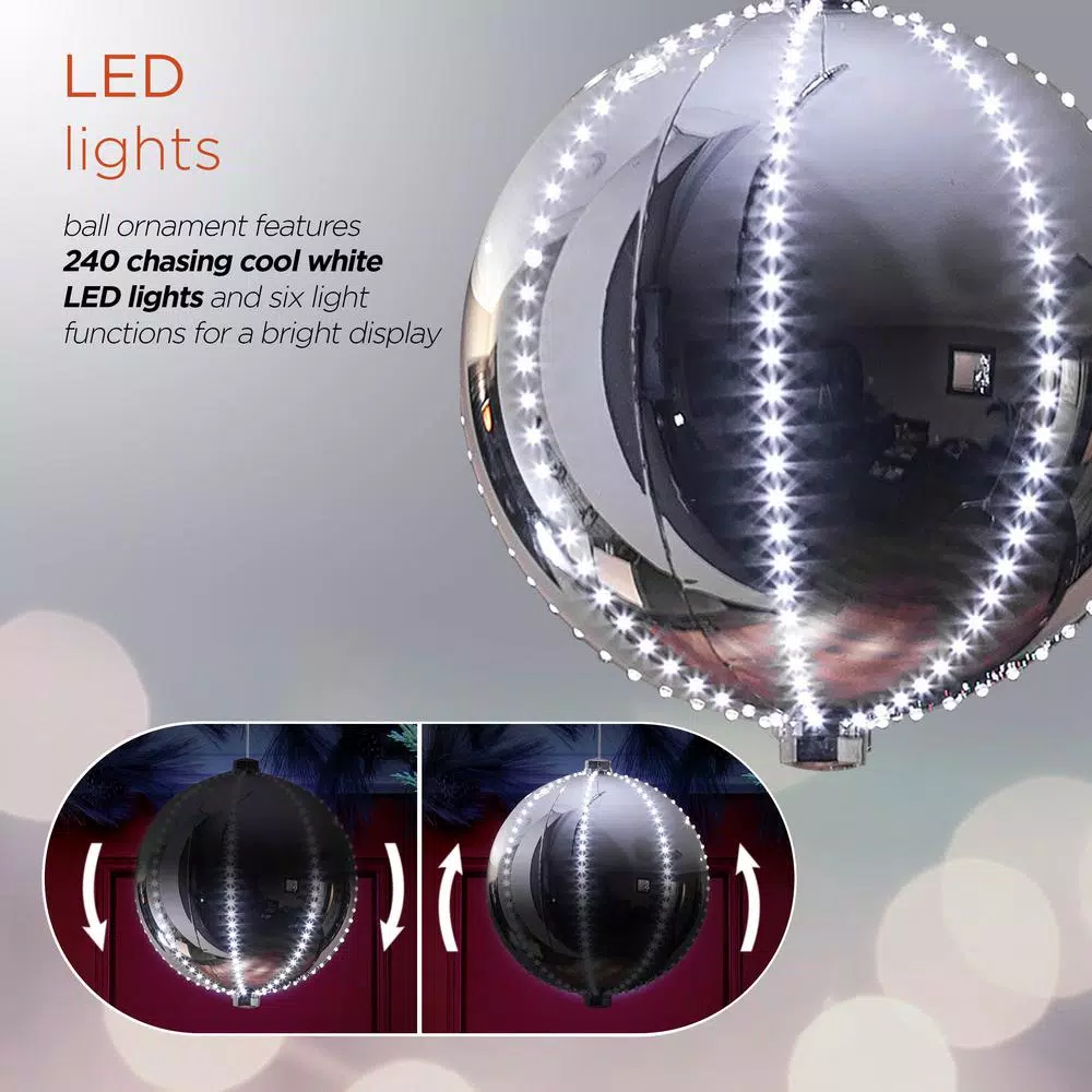 Alpine Corporation 13 In. Tall Large Hanging Christmas Ball Ornament With LED Lights, Silver 5 Alpine Corporation 13 In. Tall Large Hanging Christmas Ball Ornament With LED Lights, Silver - Image 5