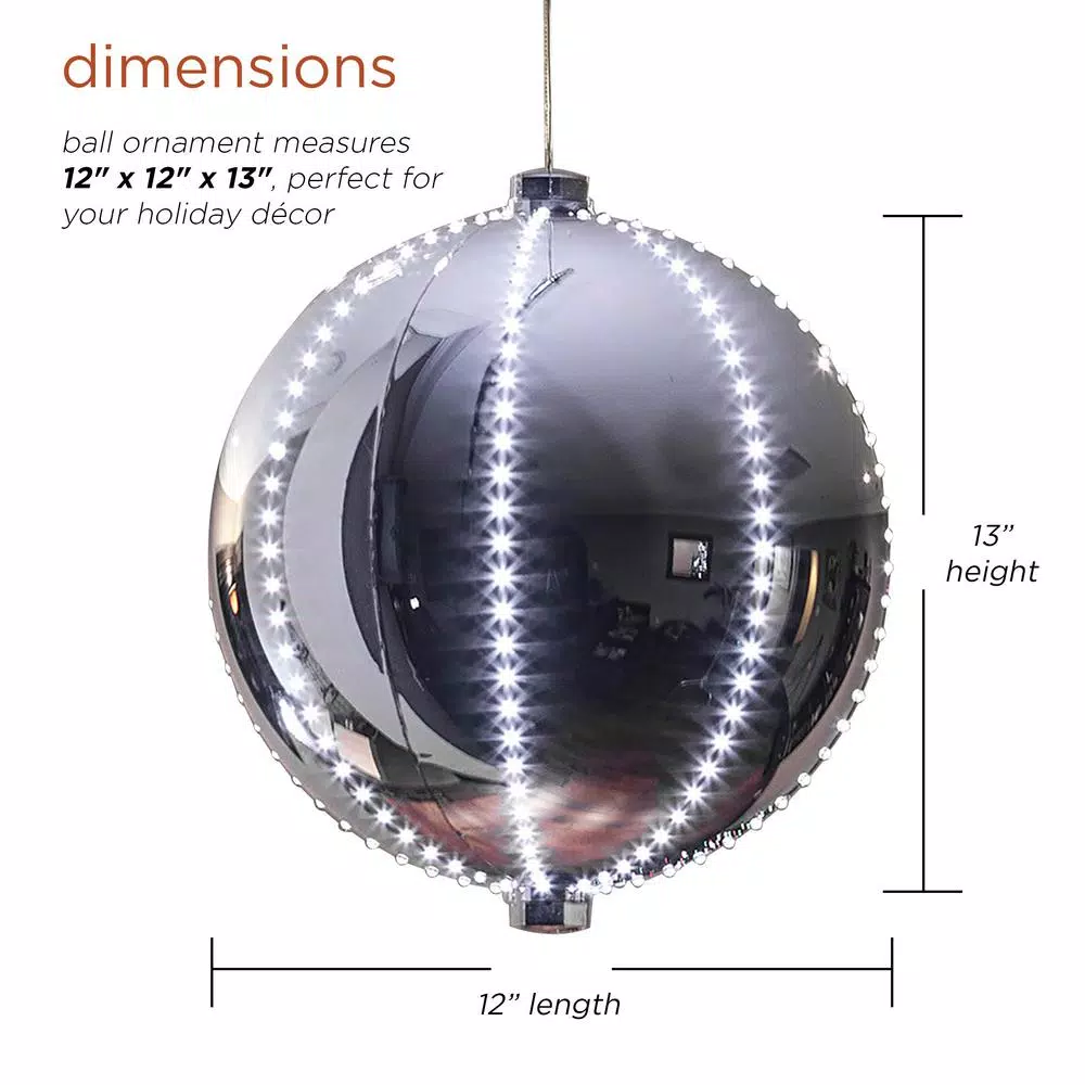 Alpine Corporation 13 In. Tall Large Hanging Christmas Ball Ornament With LED Lights, Silver 3 Alpine Corporation 13 In. Tall Large Hanging Christmas Ball Ornament With LED Lights, Silver - Image 3