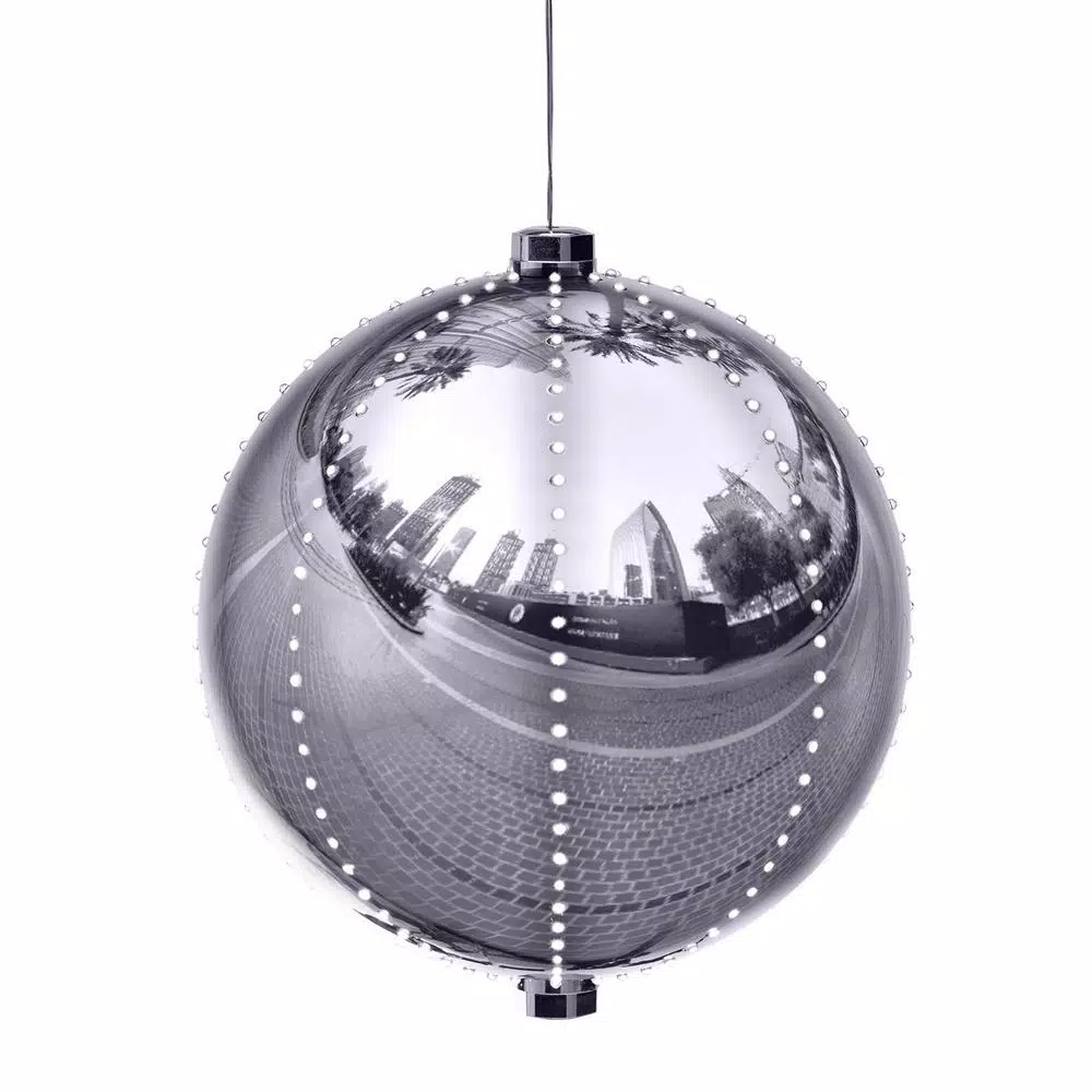Alpine Corporation 13 In. Tall Large Hanging Christmas Ball Ornament With LED Lights, Silver 1 Alpine Corporation 13 In. Tall Large Hanging Christmas Ball Ornament With LED Lights, Silver