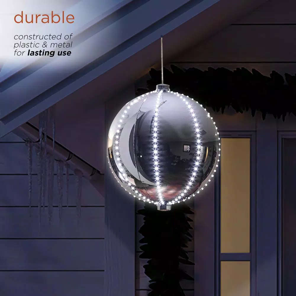 Alpine Corporation 13 In. Tall Large Hanging Christmas Ball Ornament With LED Lights, Silver 7 Alpine Corporation 13 In. Tall Large Hanging Christmas Ball Ornament With LED Lights, Silver - Image 7