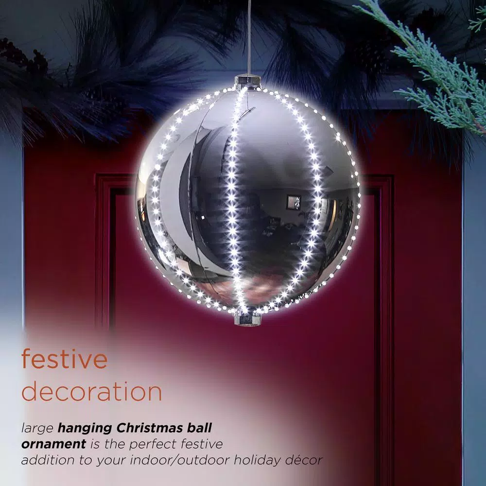 Alpine Corporation 13 In. Tall Large Hanging Christmas Ball Ornament With LED Lights, Silver 4 Alpine Corporation 13 In. Tall Large Hanging Christmas Ball Ornament With LED Lights, Silver - Image 4