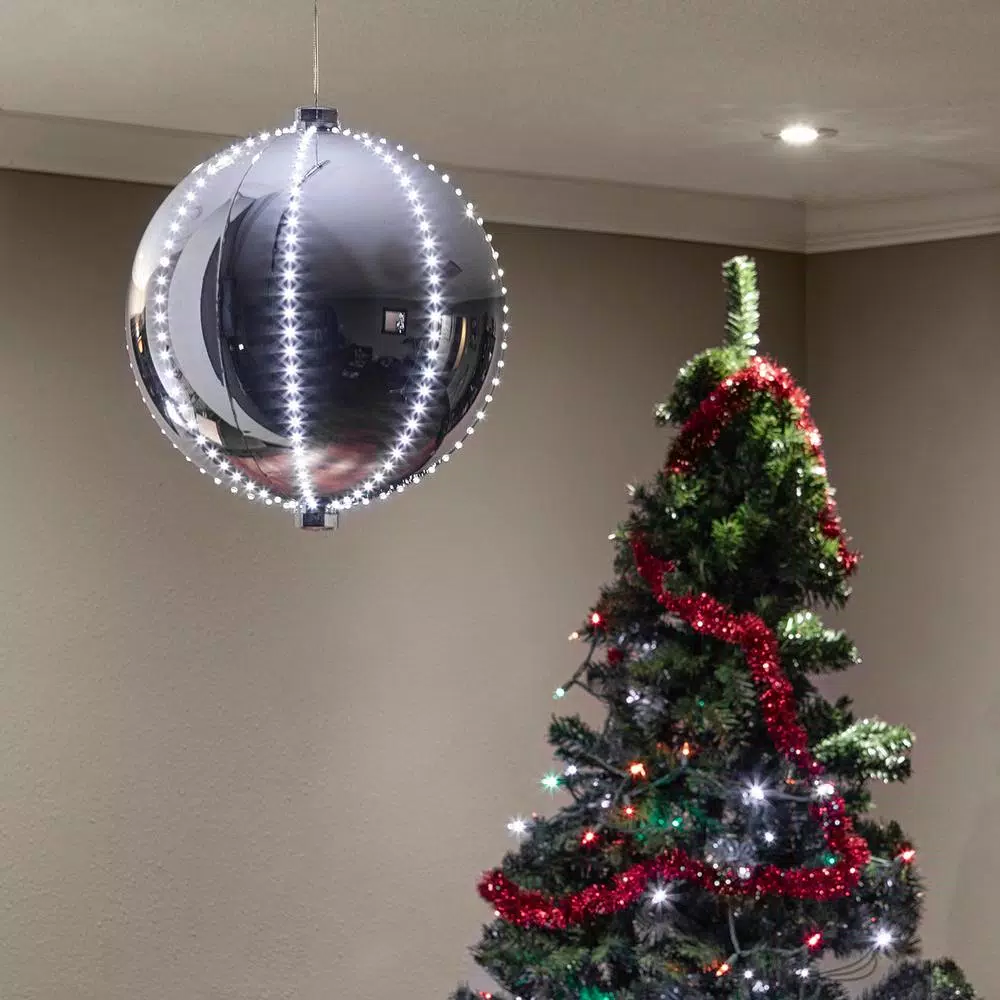 Alpine Corporation 13 In. Tall Large Hanging Christmas Ball Ornament With LED Lights, Silver 2 Alpine Corporation 13 In. Tall Large Hanging Christmas Ball Ornament With LED Lights, Silver - Image 2
