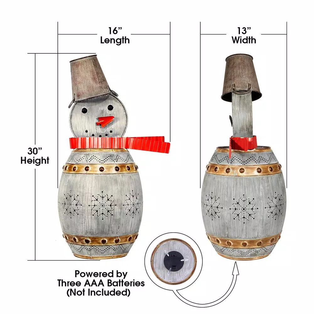 Alpine Corporation 30 In. Tall Weathered Barrel Snowman With Warm White LED Lights 3 Alpine Corporation 30 In. Tall Weathered Barrel Snowman With Warm White LED Lights - Image 3