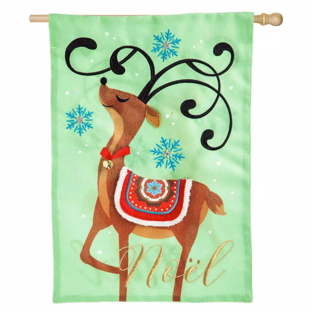 Evergreen 28 In. X 44 In. Noel’s Reindeer House Burlap Flag 1 Evergreen 28 In. X 44 In. Noel’s Reindeer House Burlap Flag