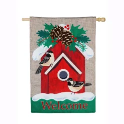 Evergreen 28 In. X 44 In. Holiday Chickadee Birdhouse House Burlap Flag
