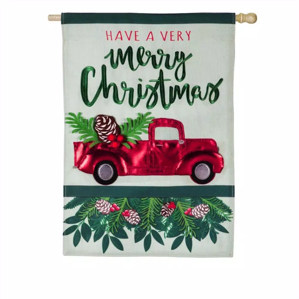 Evergreen 28 In. X 44 In. Holiday Red Truck House Linen Flag 1 Evergreen 28 In. X 44 In. Holiday Red Truck House Linen Flag