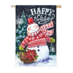 Evergreen 28 In. X 44 In. Norwegian Christmas Snowman And Santa House Suede Flag