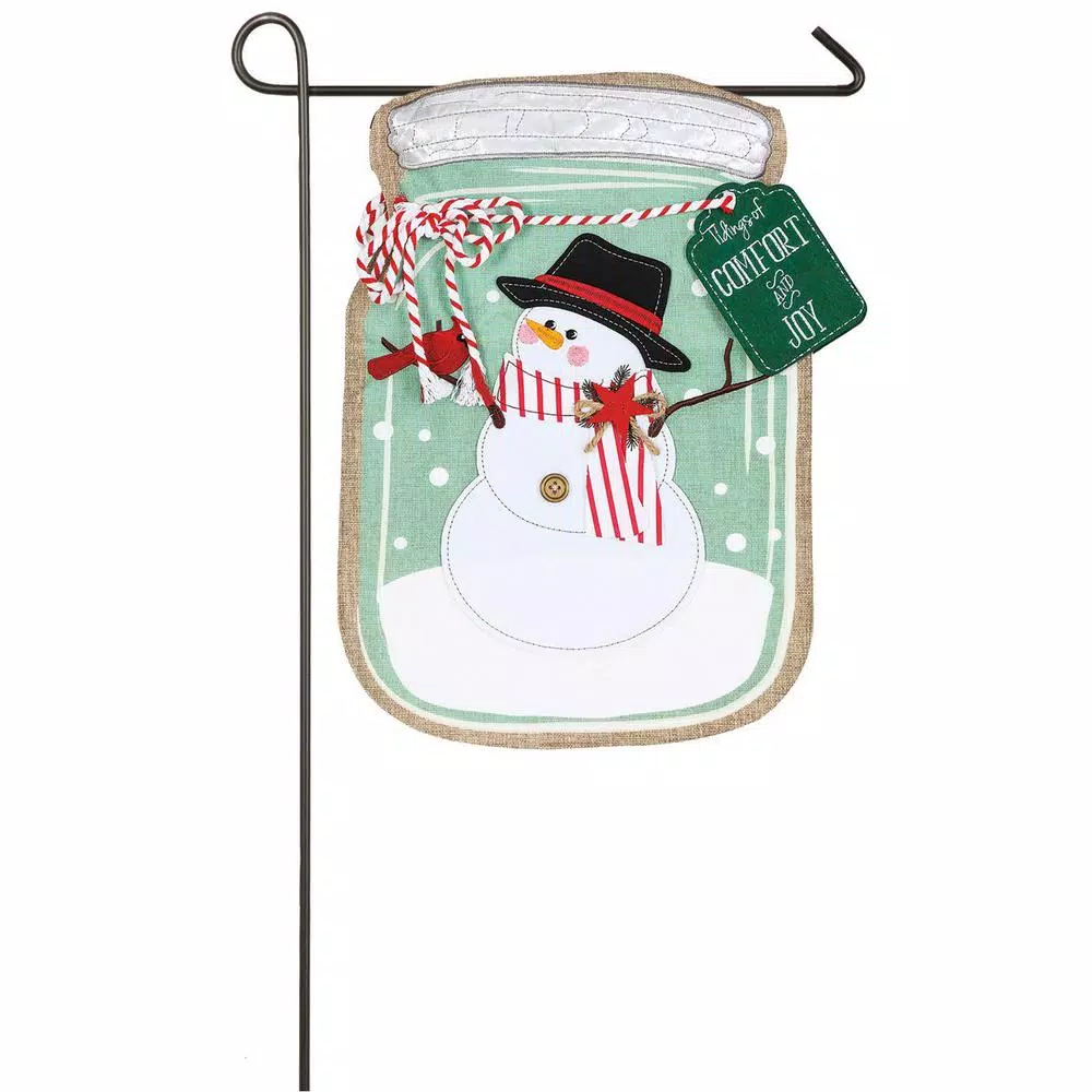 Evergreen 18 In. X 12.5 In. Mason Jar Snowman Garden Linen Flag 1 Evergreen 18 In. X 12.5 In. Mason Jar Snowman Garden Linen Flag