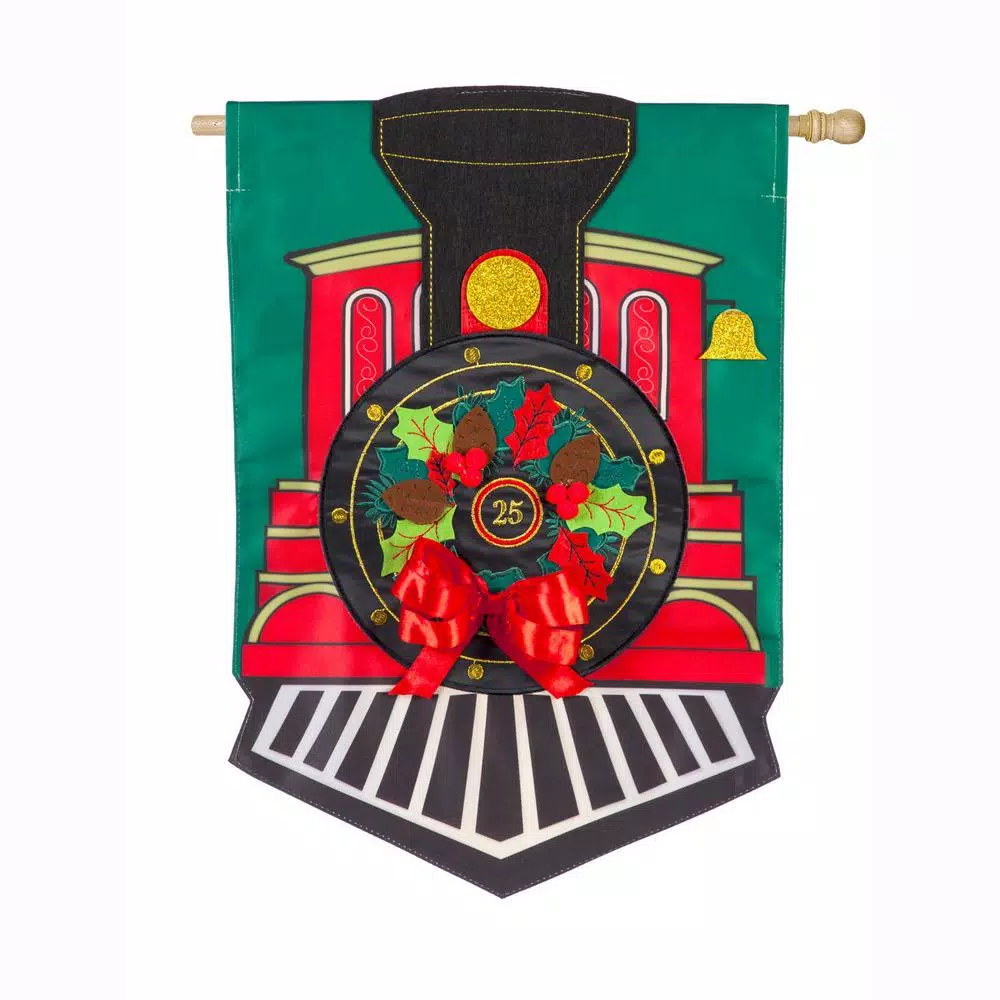 Evergreen 28 In. X 44 In. Christmas Train House Applique Flag 1 Evergreen 28 In. X 44 In. Christmas Train House Applique Flag