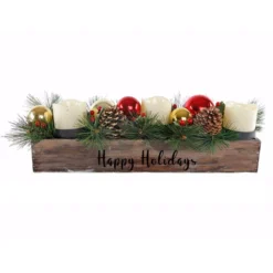 Flora Bunda 23 In. L Wood Happy Holidays Ledge Candle Holder With Pinecones And Berries