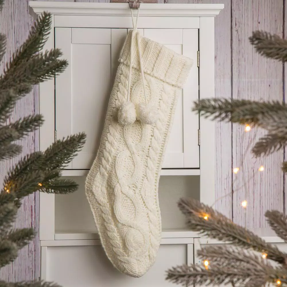 Glitzhome 24 In.H Knitted Polyester Christmas Stocking With Pom Ball-White 5 Glitzhome 24 In.H Knitted Polyester Christmas Stocking With Pom Ball-White - Image 5