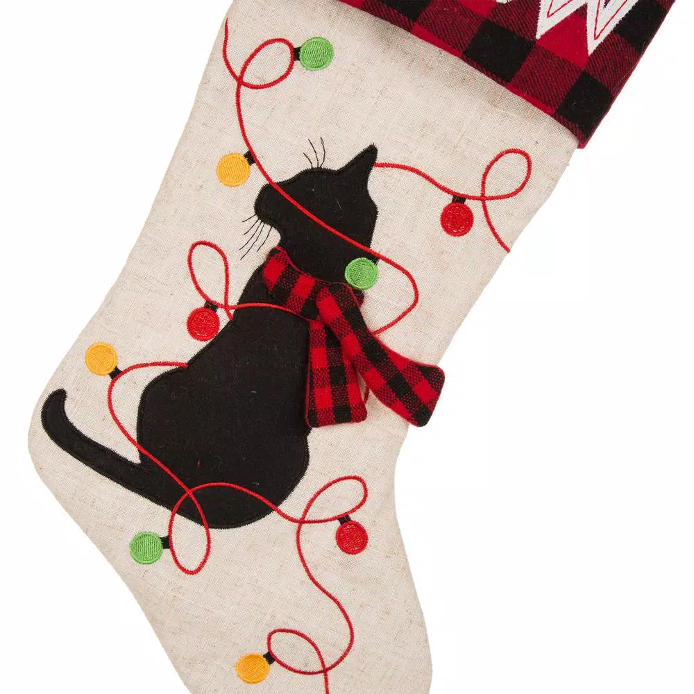 Glitzhome 21 In. L LED Embroidered Linen Christmas Stocking – Cat 5 Glitzhome 21 In. L LED Embroidered Linen Christmas Stocking – Cat - Image 5