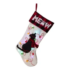 Glitzhome 21 In. L LED Embroidered Linen Christmas Stocking โ Cat