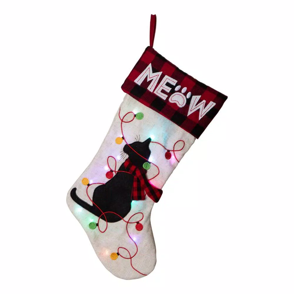 Glitzhome 21 In. L LED Embroidered Linen Christmas Stocking – Cat 1 Glitzhome 21 In. L LED Embroidered Linen Christmas Stocking – Cat
