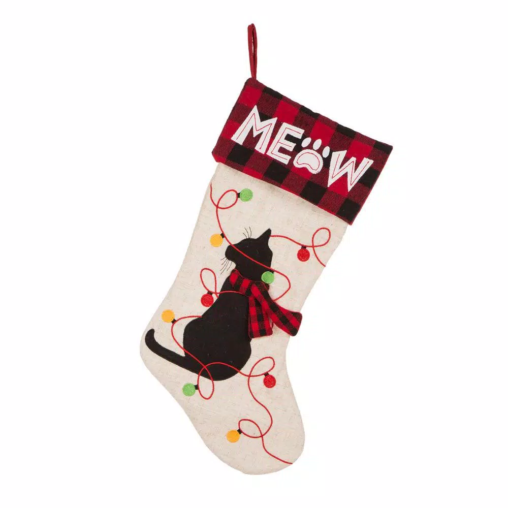 Glitzhome 21 In. L LED Embroidered Linen Christmas Stocking – Cat 2 Glitzhome 21 In. L LED Embroidered Linen Christmas Stocking – Cat - Image 2