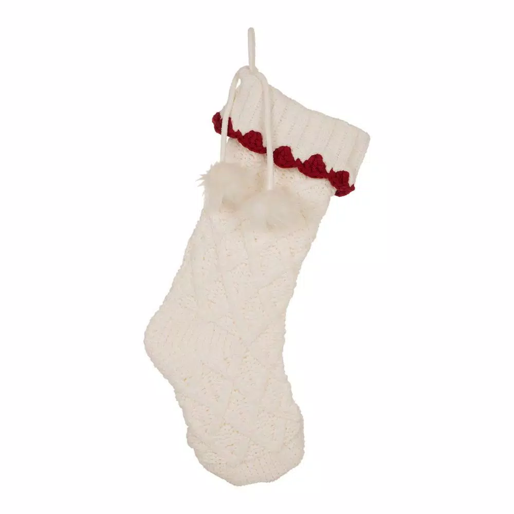 Glitzhome 22 In. L Knitted Polyester White Christmas Stocking With Red Trim And Pompom 1 Glitzhome 22 In. L Knitted Polyester White Christmas Stocking With Red Trim And Pompom