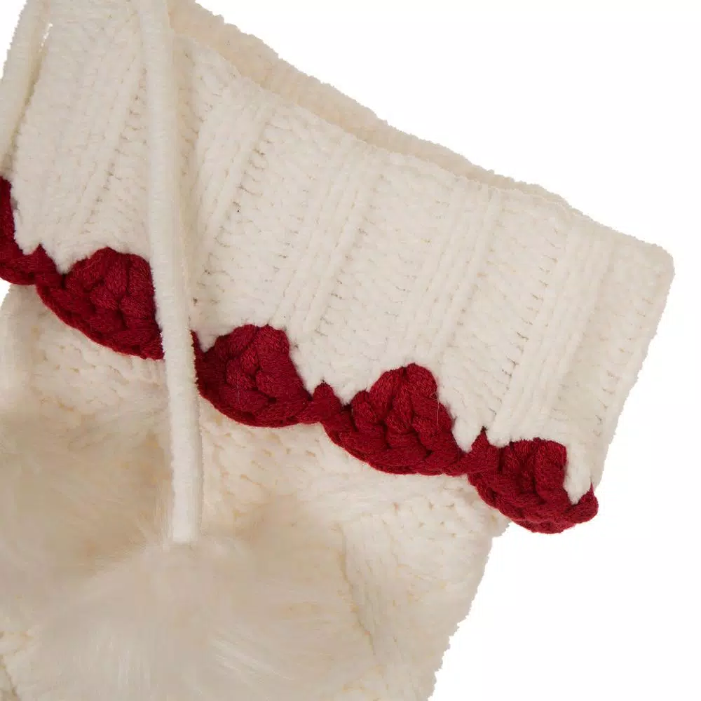 Glitzhome 22 In. L Knitted Polyester White Christmas Stocking With Red Trim And Pompom 2 Glitzhome 22 In. L Knitted Polyester White Christmas Stocking With Red Trim And Pompom - Image 2