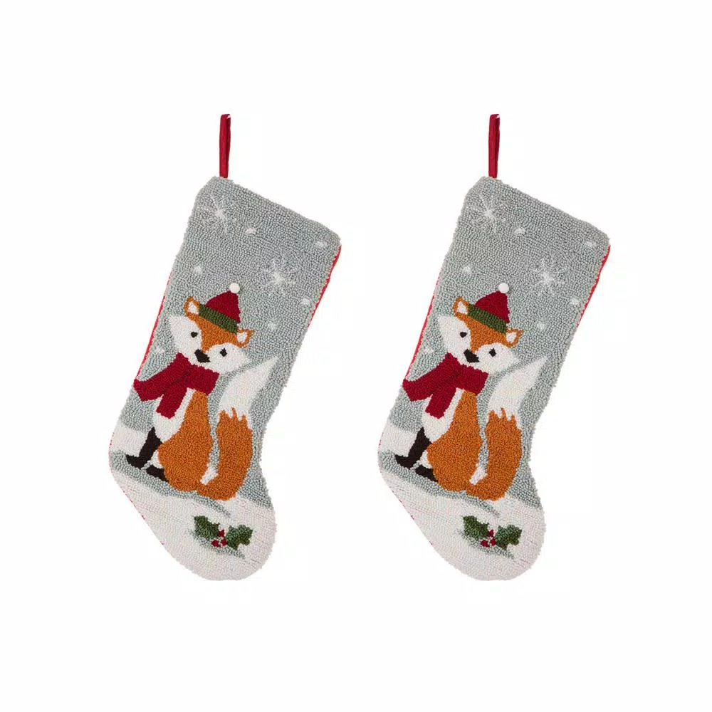 Glitzhome 19 In. Polyester Fox Hooked Stocking (2-Pack) 1 Glitzhome 19 In. Polyester Fox Hooked Stocking (2-Pack)