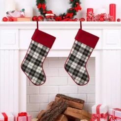 Glitzhome 20 In. Black And White Cotton/Spandex Plaid Fabric Cotton Christmas Stocking Decoration (2-Pack) -Christmas decorations shop glitzhome christmas stockings 2004700040 31 1000