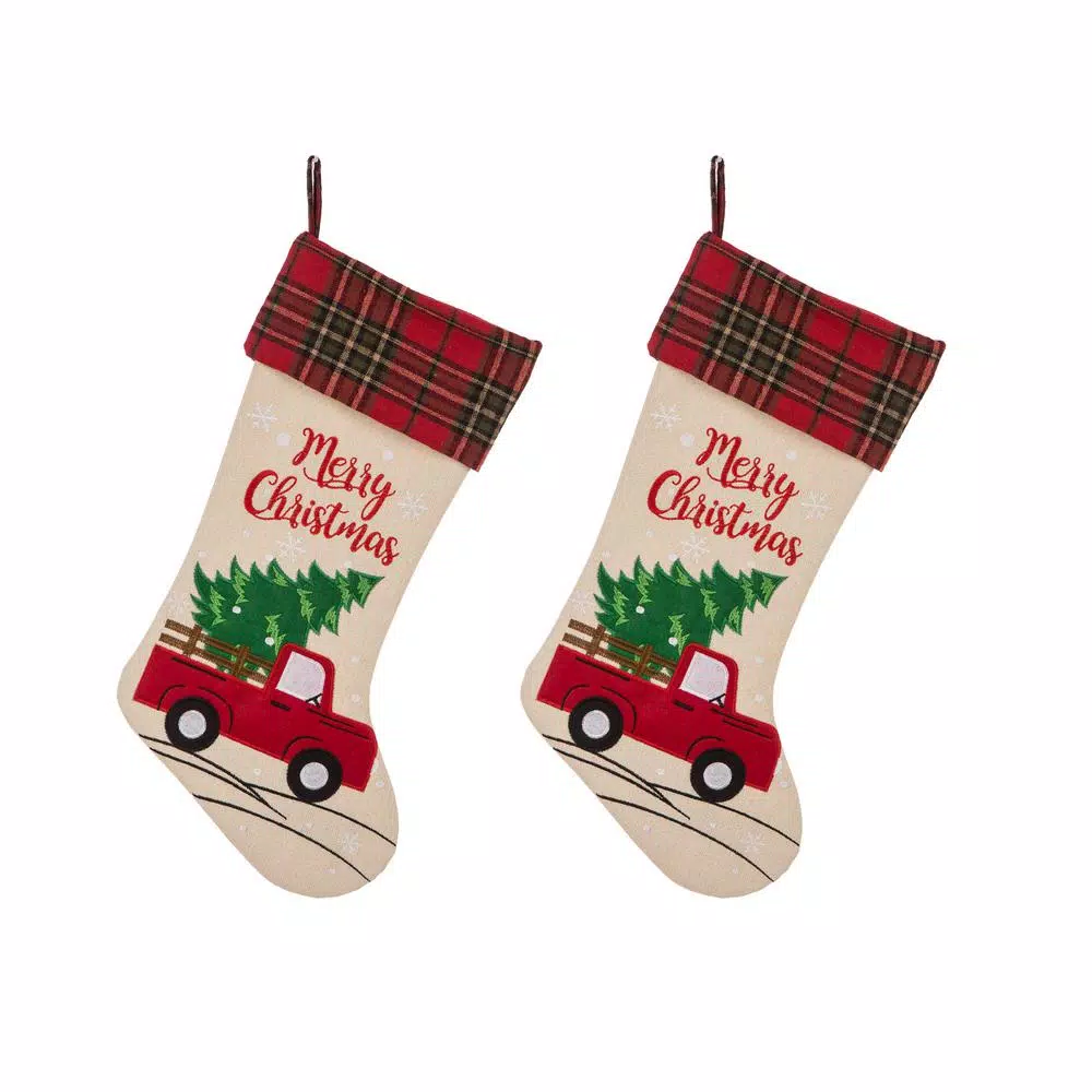 Glitzhome 21 In. Polyester Embroidered Linen Christmas Decoration Stocking (2-Pack) 1 Glitzhome 21 In. Polyester Embroidered Linen Christmas Decoration Stocking (2-Pack)