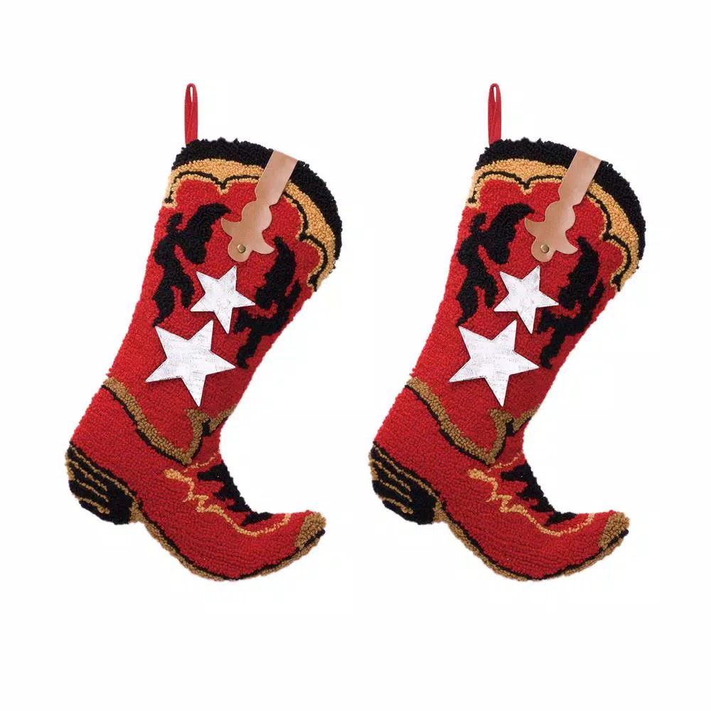 Glitzhome 19.69 In. Polyester Hooked Red Boot Stocking (2-Pack) 1 Glitzhome 19.69 In. Polyester Hooked Red Boot Stocking (2-Pack)