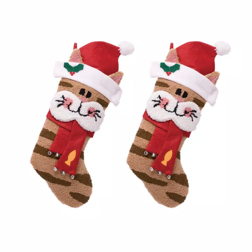 Glitzhome 22 In. H Polyester Hooked 3D Cat Stocking (2-Pack) 1 Glitzhome 22 In. H Polyester Hooked 3D Cat Stocking (2-Pack)