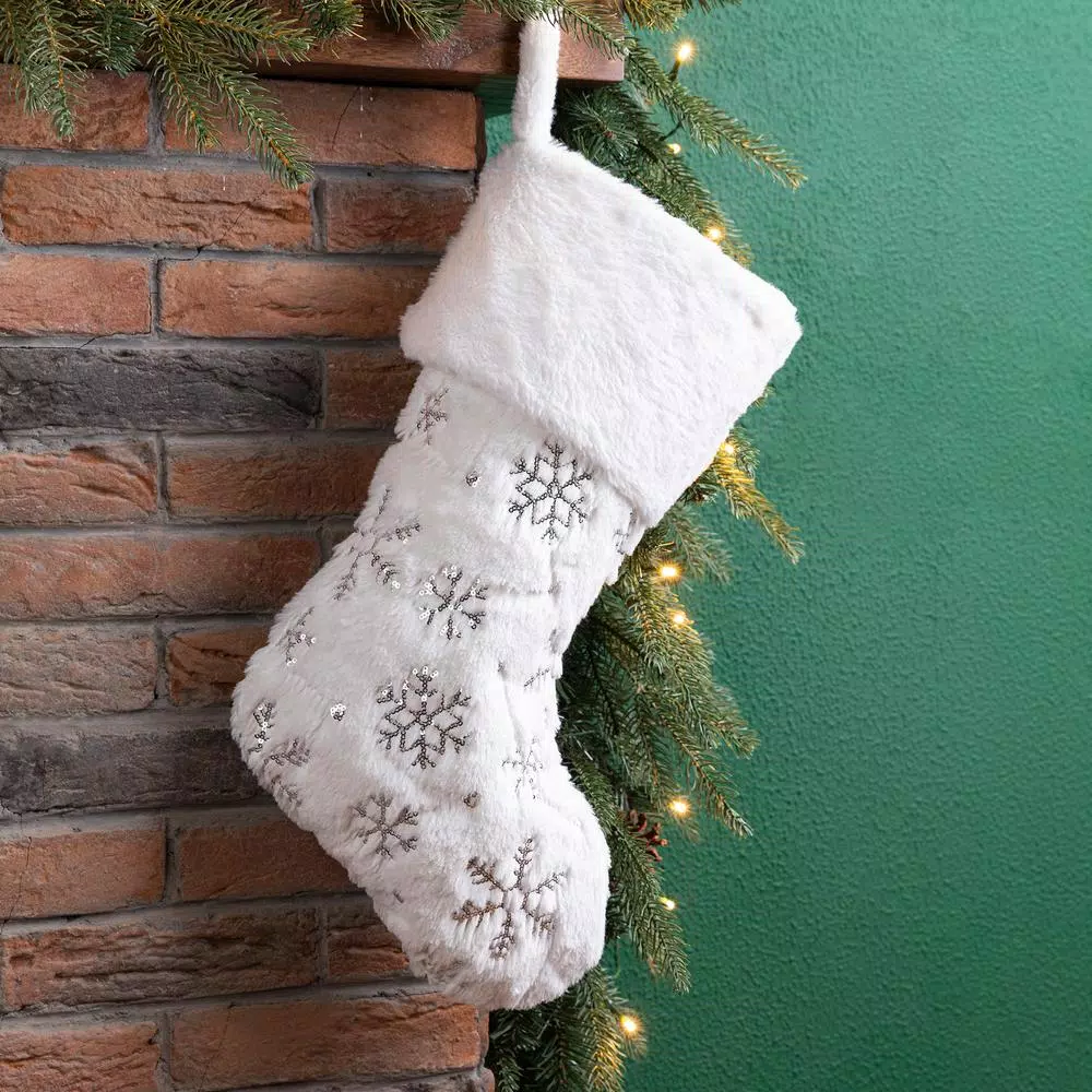 Glitzhome 21 In. H Polyester White Plush Stocking With Snowflake Christmas 5 Glitzhome 21 In. H Polyester White Plush Stocking With Snowflake Christmas - Image 5