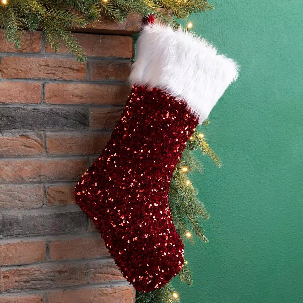 Glitzhome 21 In. H Red Sequin Christmas Stocking 5 Glitzhome 21 In. H Red Sequin Christmas Stocking - Image 5
