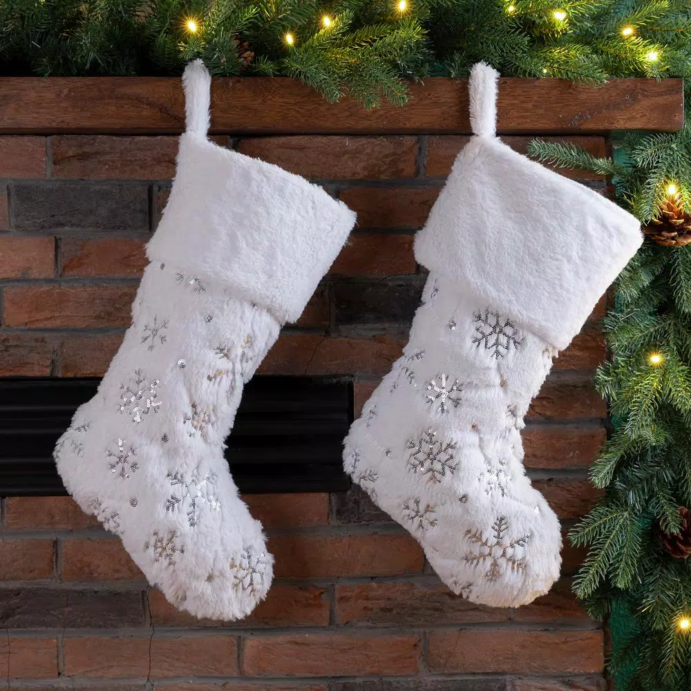 Glitzhome 21 In. H Polyester White Plush Stocking With Snowflake Christmas (2-Pack) 5 Glitzhome 21 In. H Polyester White Plush Stocking With Snowflake Christmas (2-Pack) - Image 5
