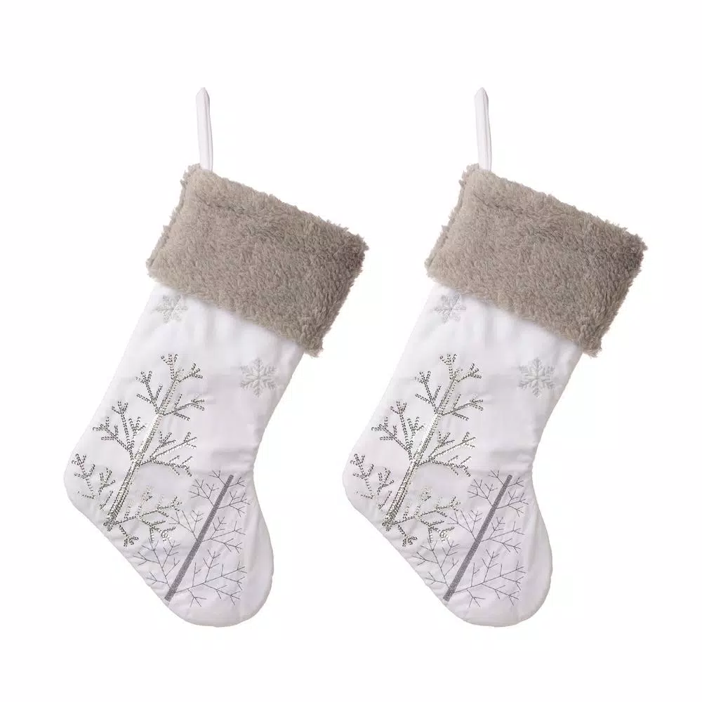 Glitzhome 21 In. H Polyester White Fleece Stocking With Christmas Tree And Snowflake (2-Pack) 1 Glitzhome 21 In. H Polyester White Fleece Stocking With Christmas Tree And Snowflake (2-Pack)