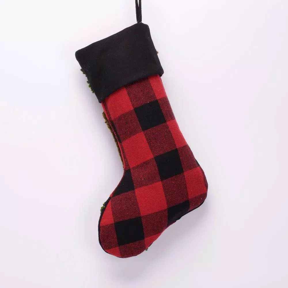 Glitzhome 19 In. Polyester/Acrylic Plaid Christmas Stocking With Rug Hooked Bear 3 Glitzhome 19 In. Polyester/Acrylic Plaid Christmas Stocking With Rug Hooked Bear - Image 3