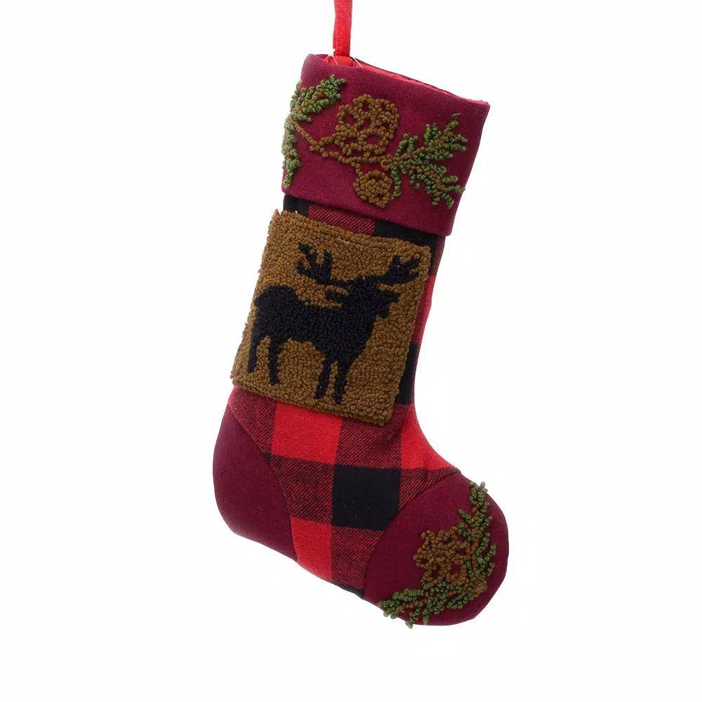 Glitzhome 19 In. Polyester/Acrylic Plaid Christmas Stocking With Rug Hooked Reindeer 1 Glitzhome 19 In. Polyester/Acrylic Plaid Christmas Stocking With Rug Hooked Reindeer