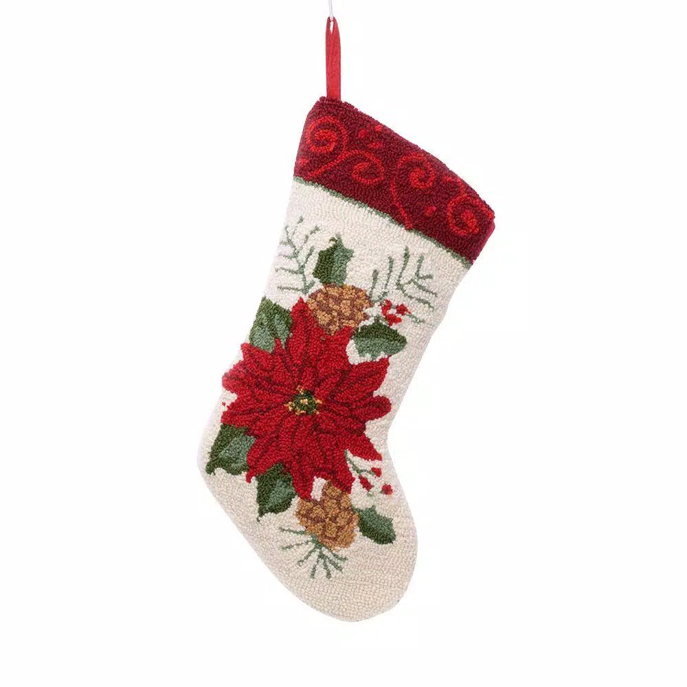 Glitzhome 19 In. Polyester/Acrylic Hooked Christmas Stocking With Poinsettia 1 Glitzhome 19 In. Polyester/Acrylic Hooked Christmas Stocking With Poinsettia