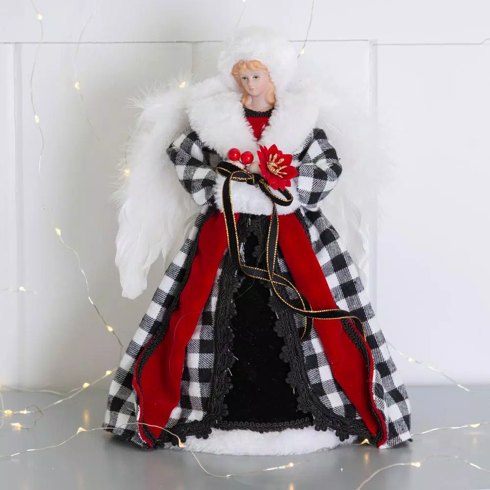 Glitzhome 12 In. H Black And White Plaid Angel Tree Top 7 Glitzhome 12 In. H Black And White Plaid Angel Tree Top - Image 7
