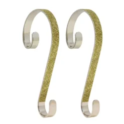 Haute Decor 6 In. Steel Gold Glitter Stocking Scrolls Holders (2-Pack)
