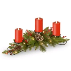 National Tree Company 30 In. Feel Real Bristle Berry Centerpiece With 3 Electronic Candles, Battery Operated Lights, Berries And Cones