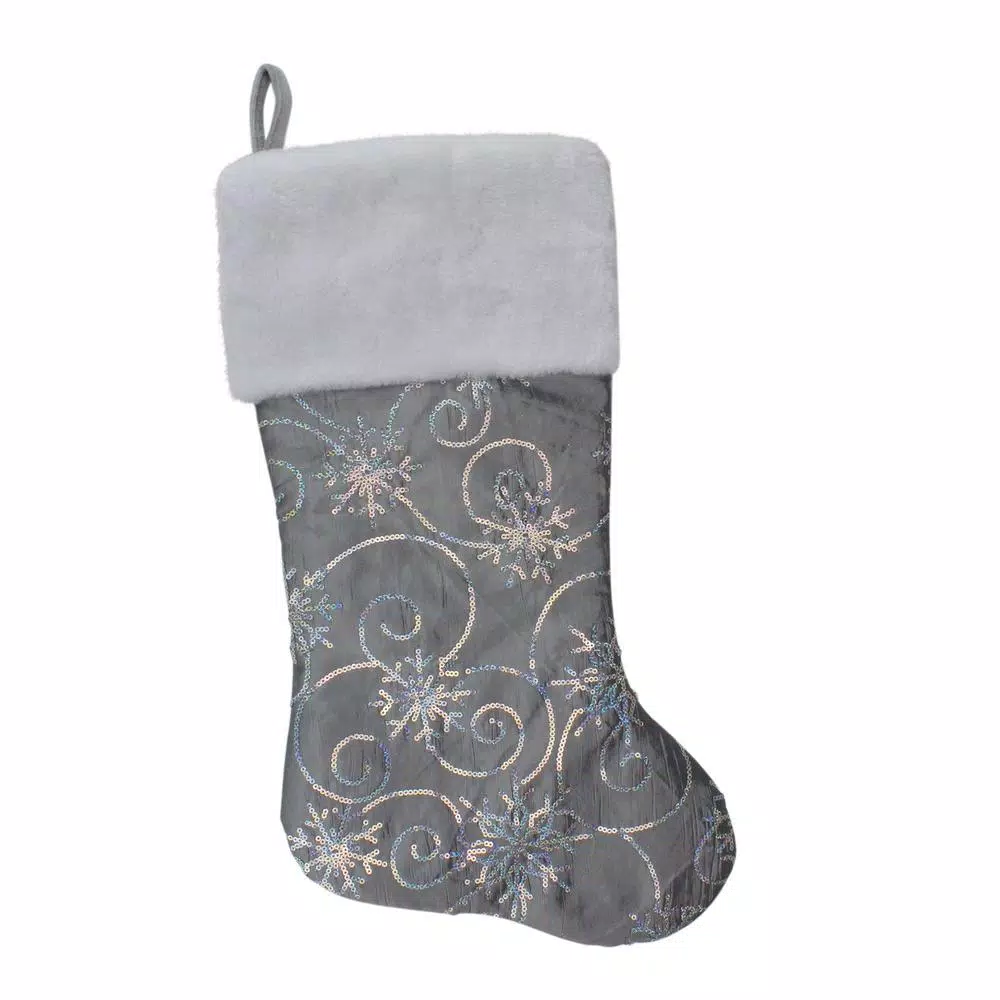 Northlight 22 In. Silver Metallic Sequined Polyester Christmas Stocking With Faux Fur Cuff 1 Northlight 22 In. Silver Metallic Sequined Polyester Christmas Stocking With Faux Fur Cuff