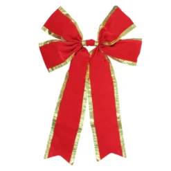 Northlight 24 In. X 38 In. 4-Loop Velveteen Christmas Bow With Gold Trim, Red