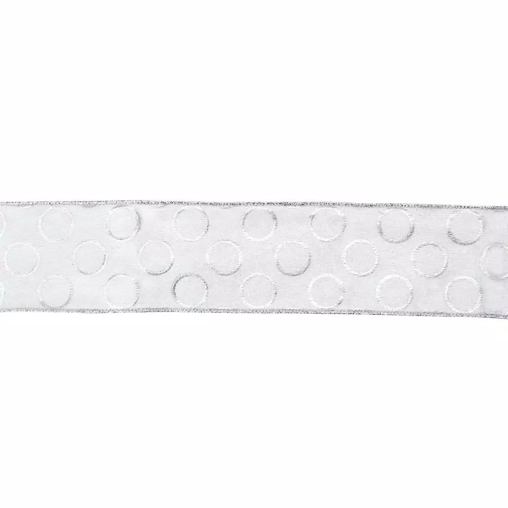 Northlight 2.5 In. X 16 Yds. Snowy White And Metallic Silver Circle Wired Craft Ribbon 1 Northlight 2.5 In. X 16 Yds. Snowy White And Metallic Silver Circle Wired Craft Ribbon