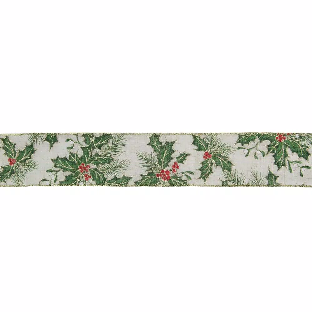 Northlight 2.5 In. X 16 Yds. Christmas Holly Berries Wired Craft Ivory Ribbon 1 Northlight 2.5 In. X 16 Yds. Christmas Holly Berries Wired Craft Ivory Ribbon