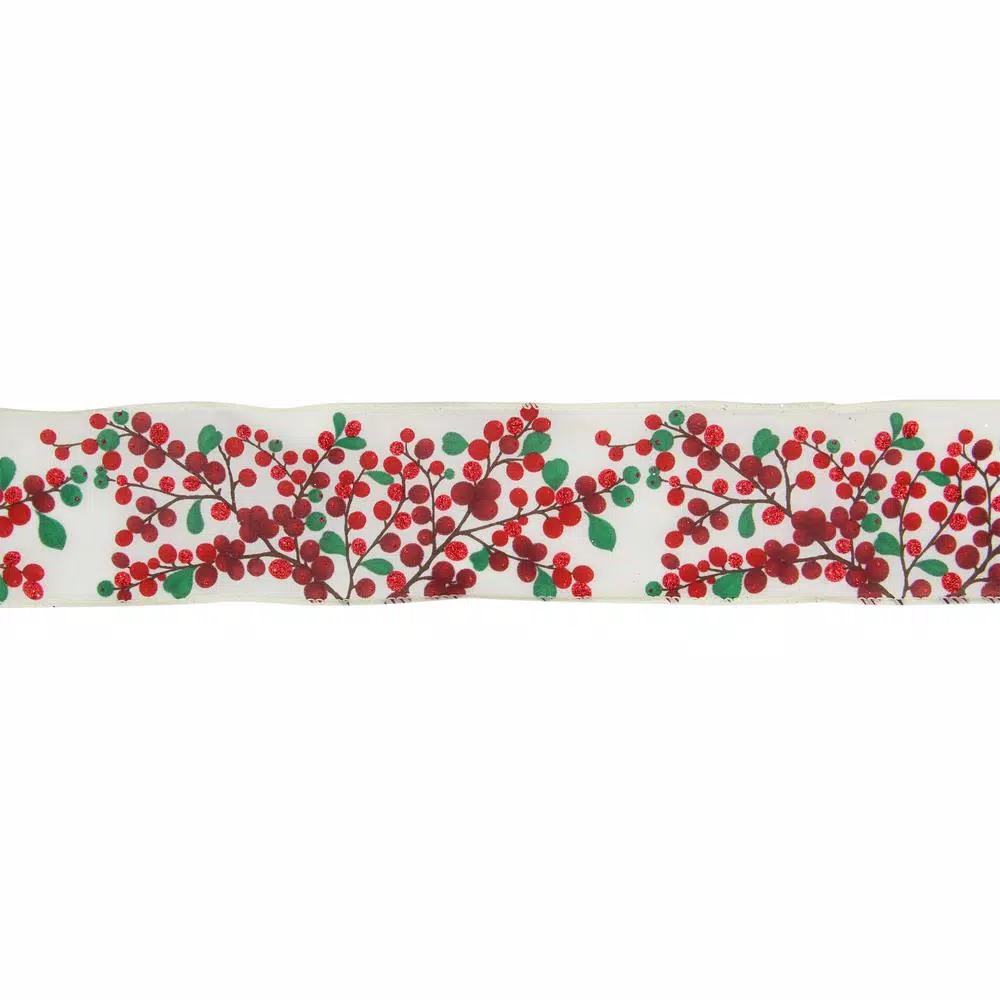 Northlight 2.5 In. X 16 Yds. Red Berries On Branches Wired Craft Ivory Ribbon 1 Northlight 2.5 In. X 16 Yds. Red Berries On Branches Wired Craft Ivory Ribbon