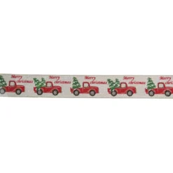 Northlight 2.5 In. X 16 Yds. Red Trucks And Christmas Tree Wired Craft Beige Ribbon
