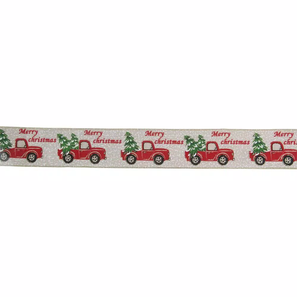 Northlight 2.5 In. X 16 Yds. Red Trucks And Christmas Tree Wired Craft Beige Ribbon 1 Northlight 2.5 In. X 16 Yds. Red Trucks And Christmas Tree Wired Craft Beige Ribbon