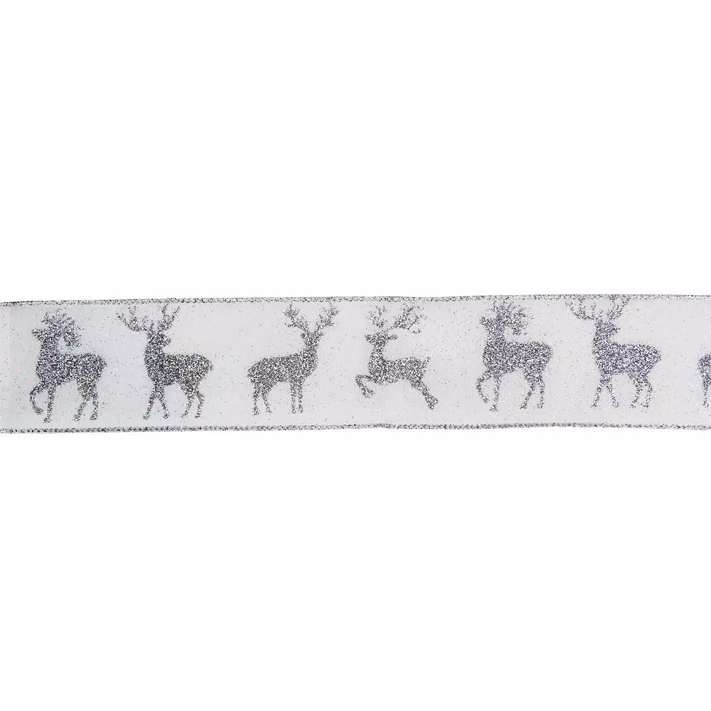 Northlight 2.5 In. X 16 Yds. White And Silver Glitter Deer Wired Craft Ribbon 1 Northlight 2.5 In. X 16 Yds. White And Silver Glitter Deer Wired Craft Ribbon