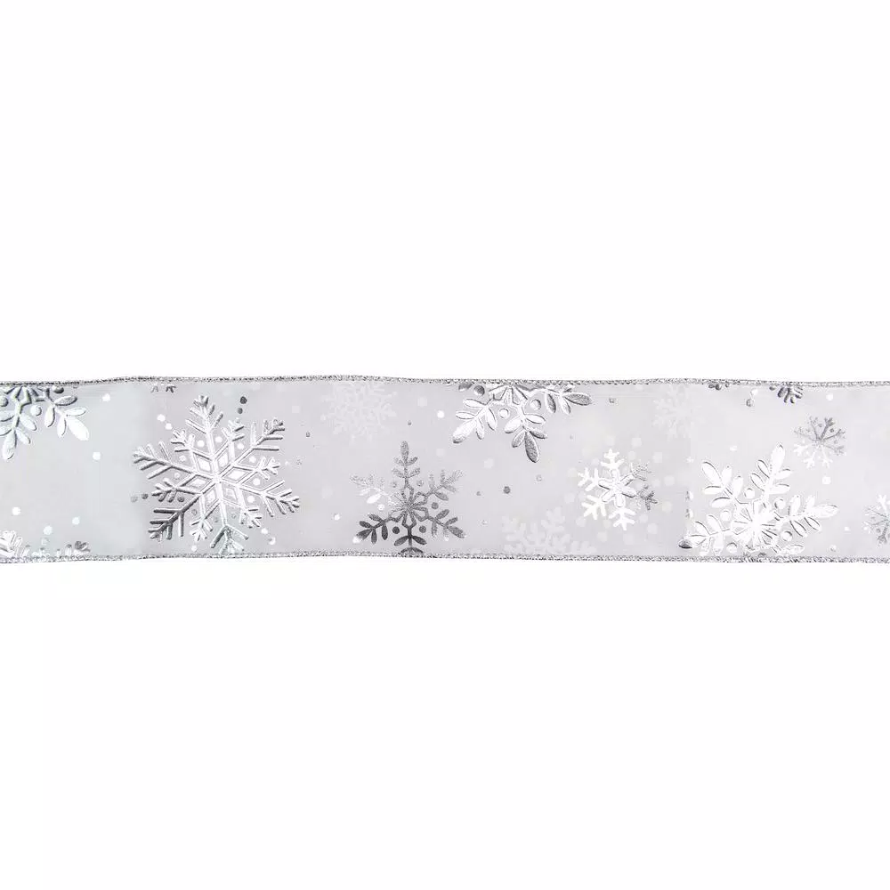 Northlight 2.5 In. X 16 Yds. Metallic White And Silver Snowflake Wired Craft Ribbon 1 Northlight 2.5 In. X 16 Yds. Metallic White And Silver Snowflake Wired Craft Ribbon