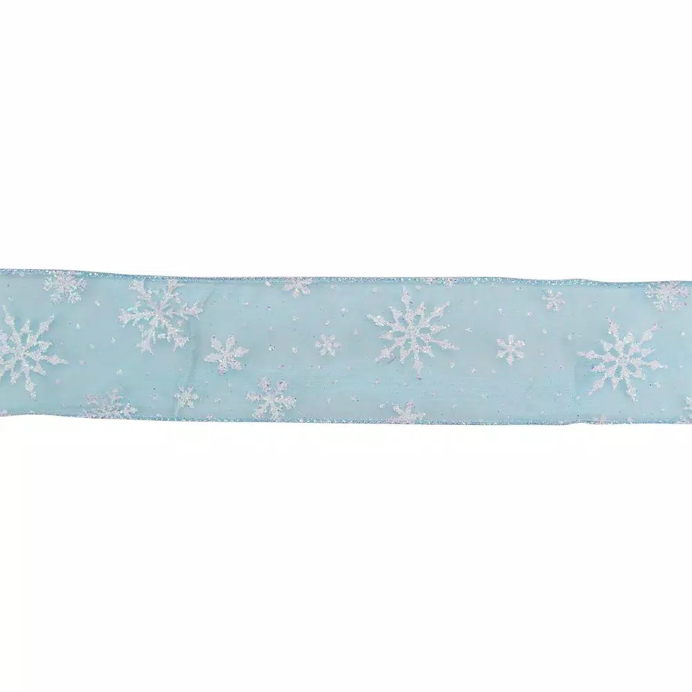 Northlight 2.5 In. X 16 Yds. Shimmering White Iridescent Snowflakes On A Light Blue Sheer Ribbon 1 Northlight 2.5 In. X 16 Yds. Shimmering White Iridescent Snowflakes On A Light Blue Sheer Ribbon