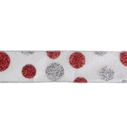 Northlight 2.5 In. X 16 Yds. Silver And Red Glitter Polka Dots On Metallic Wired Ribbon