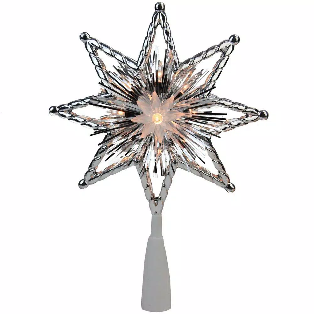 Northlight 8 In. Retro Silver Tinsel 8-Point Star Christmas Tree Topper – Clear Lights 1 Northlight 8 In. Retro Silver Tinsel 8-Point Star Christmas Tree Topper – Clear Lights