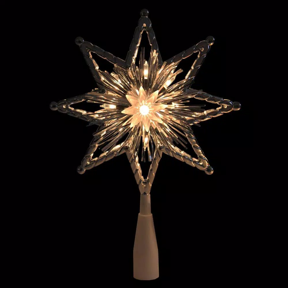 Northlight 8 In. Retro Silver Tinsel 8-Point Star Christmas Tree Topper – Clear Lights 2 Northlight 8 In. Retro Silver Tinsel 8-Point Star Christmas Tree Topper – Clear Lights - Image 2
