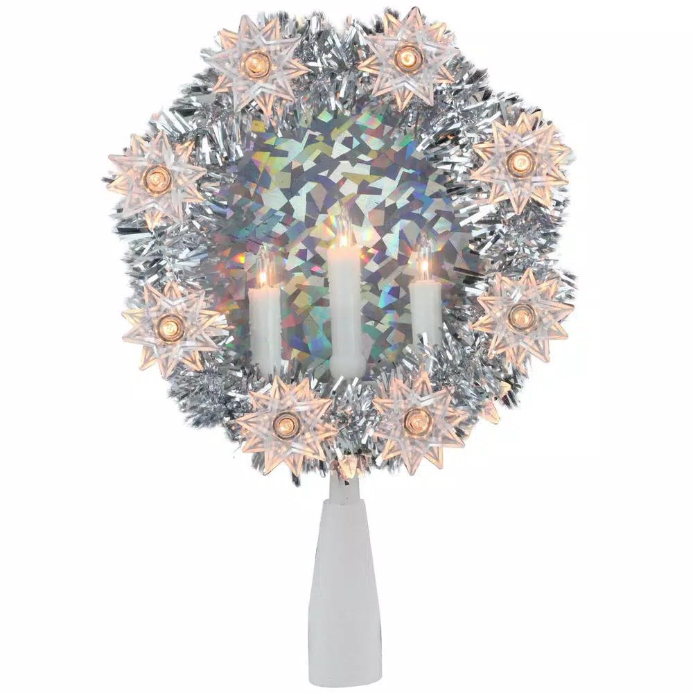 Northlight 7 In. Silver Tinsel Wreath With Candles Christmas Tree Topper – Clear Lights 1 Northlight 7 In. Silver Tinsel Wreath With Candles Christmas Tree Topper – Clear Lights